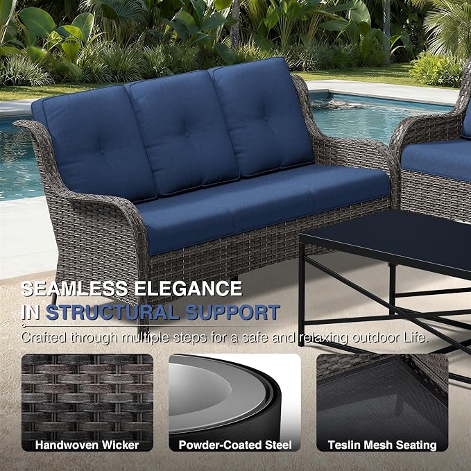 Joyside Outdoor Patio Couch, 3 Seater Outdoor Wicker Sofa with High Back, Deep Seating, Wide Armrest, Thickened Cushions, Patio Sofa for Deck, Porch Use
