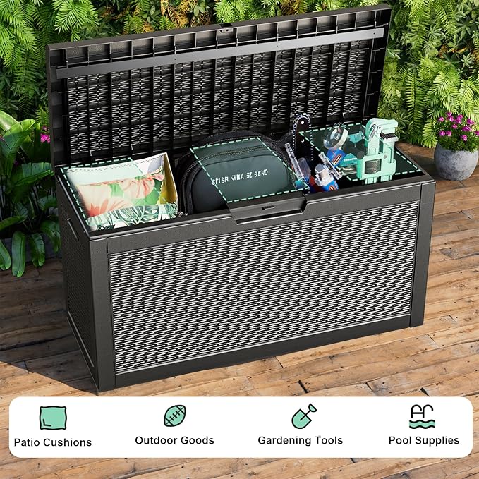 Waterproof Outdoor Storage Box, 70 Gallon Lockable Deck Box, UV-Resistant Outside Storage Bin With Hydraulic Lid For Patio Furniture, Cushion Organizer, Garden Tools, Pool Accessories, Black