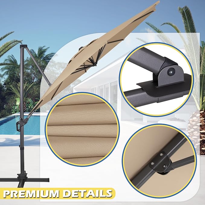 Sunnyglade 10Ft Cantilever Patio Umbrella, 360° Rotation & Integrated Tilting System Offset Umbrella with 8 Sturdy Ribs, Fade-resistant & Waterproof for Garden Backyard Poolside Deck