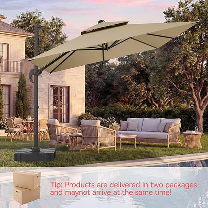 10x13 FT Patio Umbrella with Base, Large Cantilever Rectangular Double Top Heavy Duty Offset Umbrellas with 360° Rotation, Outdoor shade for Garden Deck Pool Patio, Beige