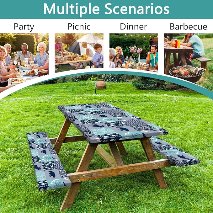 Picnic Table Cover with Bench Covers, Camping Essentials, Rustic Cabin Deer Bear Stripes Waterproof Windproof Patio Table Cover, Fitted Tablecloth Cover with Elastic Edge for Outdoor 3 PCS 30x60 Inch