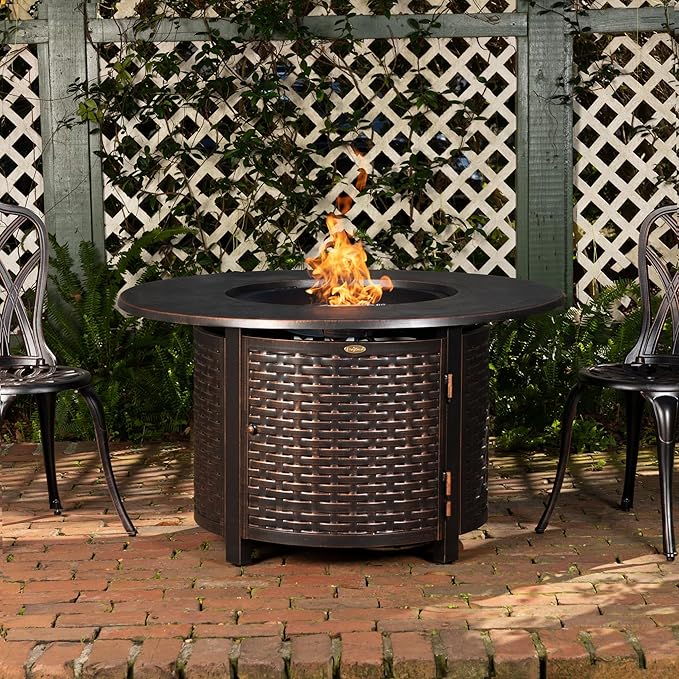 Fire Sense 62373 Florence Woven Aluminum Convertible Gas Fire Pit Table 55,000 BTU Multi-Functional Outdoor with Fire Bowl Lid, Nylon Weather Cover & Clear Fire Glass - Bronze Finish - Round - 44"