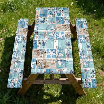 Picnic Table Cover with Bench Covers, Outdoor Camping Patio BBQ RV Essentials, Waterproof Windproof Camping Tablecloth with Drawstring Bag, Fitted Rectangle Tables and Seats, 72in, Nautical