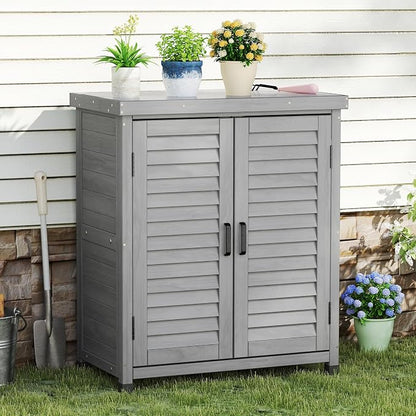 Outdoor Storage Cabinet & Potting Bench Table with Metal Top, Wooden Patio Furniture, Garden Workstation (Accent Grey, 36x31x17in)