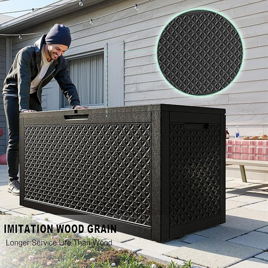 ROJIK 110 Gallon Waterproof Outdoor Deck Storage Box, Lockable Resin Patio Storage Bin with Lid for Garden Tools, Patio Cushions & Outdoor Accessories(Black)