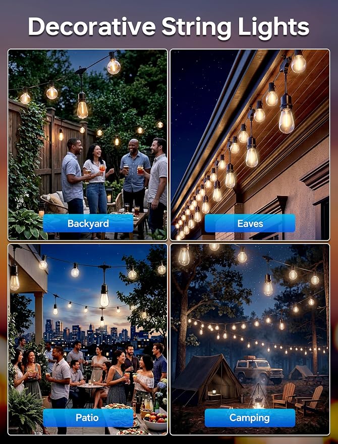 30Ft LED Outdoor String Lights with 13 S14 G40 Waterproof Bulbs Dimmable | Connectable Plug in Outside Hanging Lights for Indoor and Outdoor, Backyard, Bistro, Porch, Cafe,Deck,Garden,Warm White 2700K