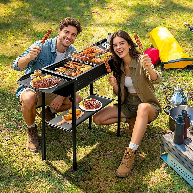Portable Charcoal BBQ Grill, Foldable Smoker Tall Barbecue Grill Charcoal Outdoor Lightweight for Cooking Camping Hiking Picnics Tailgating Backpacking Garden Beach Party (47"L x 30.31"H)