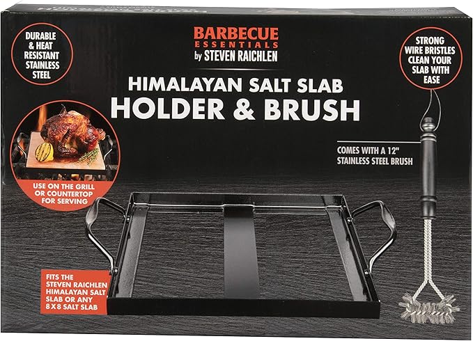 Steven Raichlen's Himalayan Salt Block Holder for 8x8 Salt Slabs with Stainless Steel Grill Brush – Heavy-Duty BBQ Rack with Handles – Grilling & Cooking Accessories for Indoor & Outdoor Use