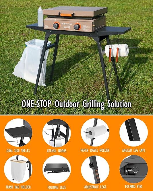 Folding Stand for Blackstone 17 & 22 Inch Tabletop Griddle – Portable Grill Table with Adjustable Legs for Uneven Ground, Side Shelves, Paper Towel Holder, Trash Bag Holder – Heavy Duty for Camping