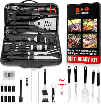 SpartaSake (24-Pack) Premium Stainless Steel BBQ Grilling Accessories with Black Handles - Barbecue Gill Accessories Set for Blackstone Griddle - Outdoor Camping Grill Set for BBQ for Dad Men Women