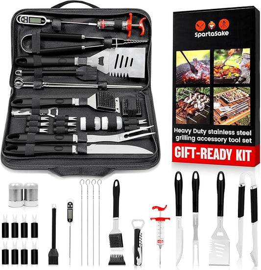 SpartaSake (24-Pack) Premium Stainless Steel BBQ Grilling Accessories with Black Handles - Barbecue Gill Accessories Set for Blackstone Griddle - Outdoor Camping Grill Set for BBQ for Dad Men Women