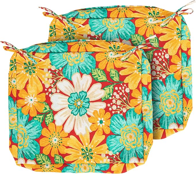 Magpie Fabrics Indoor Outdoor Cushion Cover Replacement 2 Pack, NO Insert! Water Repellent Slipcover with Ties Decor for Patio Garden Chair Sofa Bench Wicker(Embry Red Hibiscus, 24x24x4 Inch)