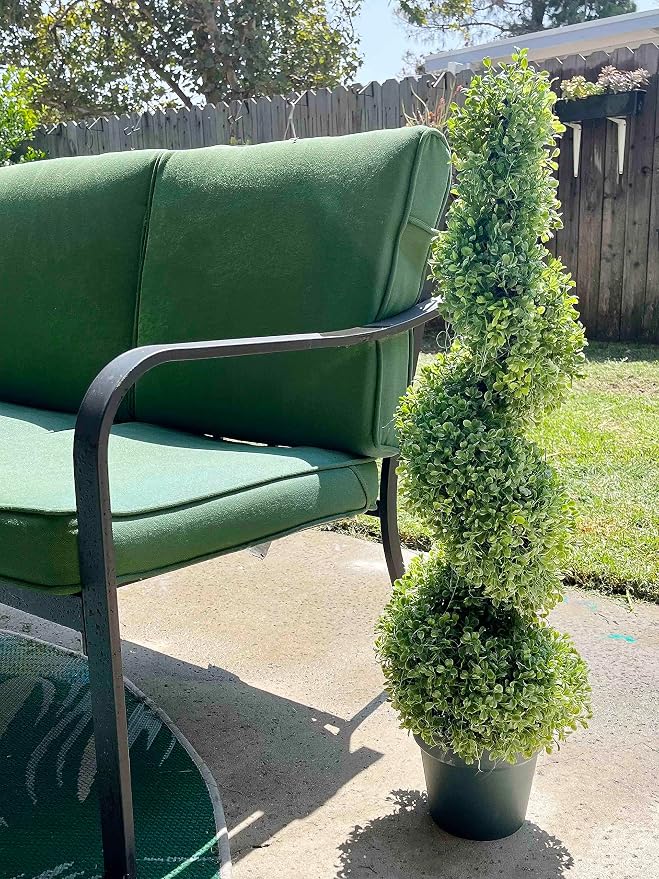 Admired By Nature 36" Artificial Boxwood Spiral Topiary Tree in Plastic Plant Pot - For Home Decor, Indoor, Outdoor, Crafts, Offices - Set of 2, Green