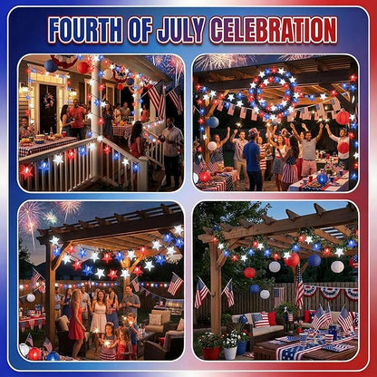 4th of July Twinkle Solar Star String Lights Decorations Outdoor Waterproof Fairy Lights 39FT Red White and Blue 100 LED with 8 Lighting Modes for Independence Day President Day Memorial Day