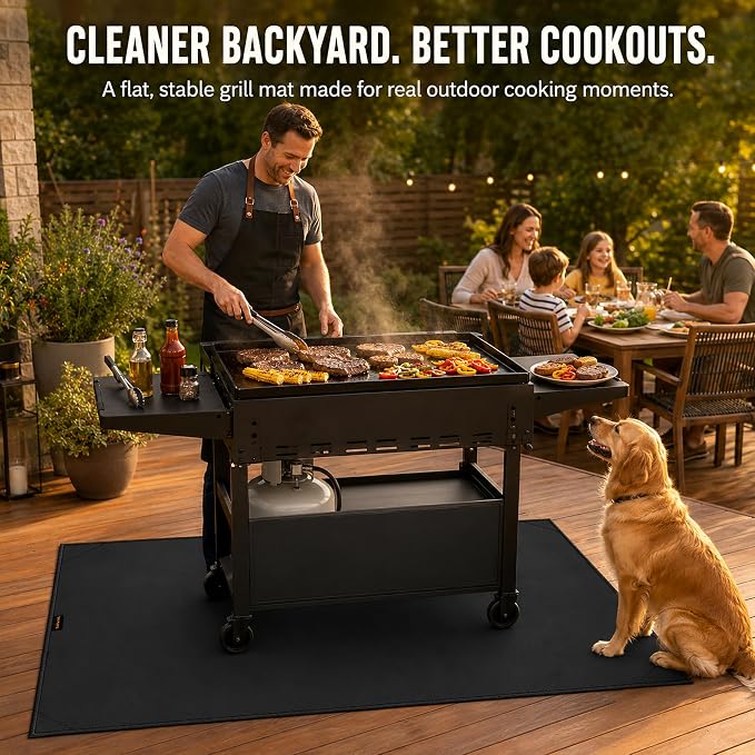 75 x 40 in Under Grill Mat for Outdoor Grill, 4 Weighted Corners | Wind-resistant, no-curl grill mat with bound edges; waterproof, oil-proof, fireproof to 2000°F for Blackstone, decks & patios