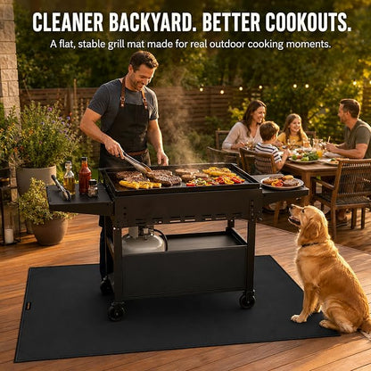 75 x 40 in Under Grill Mat for Outdoor Grill, 4 Weighted Corners | Wind-resistant, no-curl grill mat with bound edges; waterproof, oil-proof, fireproof to 2000°F for Blackstone, decks & patios