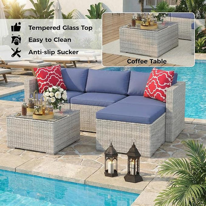 5-Piece Patio Sectional Sofa Set, All-Weather Brown PE Rattan Outdoor Conversation Furniture with Neutral-Tone Cushions, Glass Coffee Table & Footstool, Modular Design for Garden, Porch, Balcony, Pool