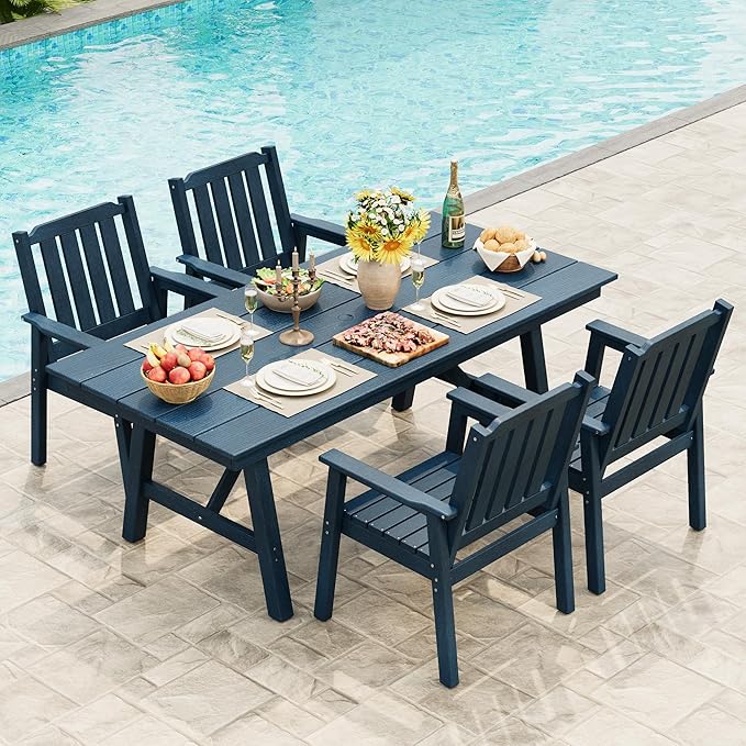 Outdoor Dining Table 6 Person, Rectangle HDPE Patio Table with 2.1" Umbrella Hole, Triangular Legs, Weatherproof Heavy Duty Backyard Furniture for Garden, Deck, Poolside, Easy Assembly (Navy Blue)
