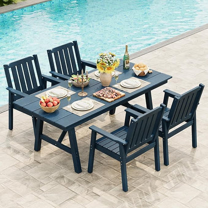 Outdoor Dining Table 6 Person, Rectangle HDPE Patio Table with 2.1" Umbrella Hole, Triangular Legs, Weatherproof Heavy Duty Backyard Furniture for Garden, Deck, Poolside, Easy Assembly (Navy Blue)