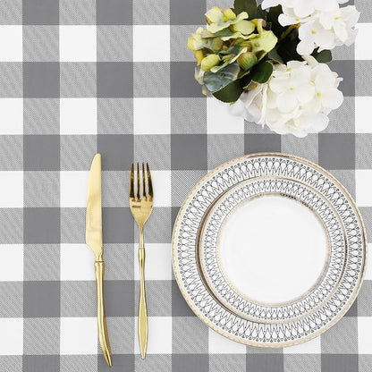 Buffalo Rectangle Picnic Tablecloth, 8 Foot Elastic Fitted Vinyl Table Cloth with Flannel Backing, Waterproof Plaid Table Covers for Dining, Camping, Outdoor (Grey and White, 30" x 96")