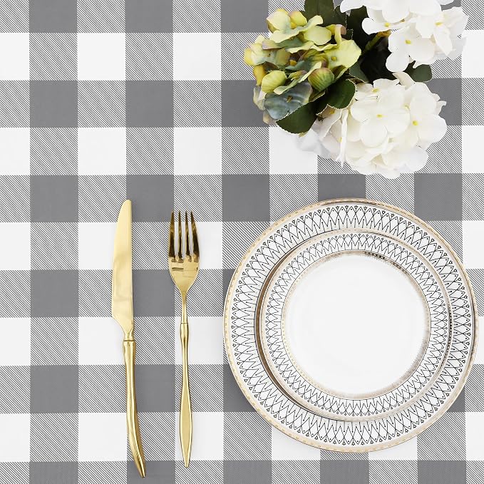 Buffalo Rectangle Picnic Tablecloth, 4 Foot Elastic Fitted Vinyl Table Cloth with Flannel Backing, Waterproof Plaid Table Covers for Dining, Camping, Outdoor (Grey and White, 24" x 48")