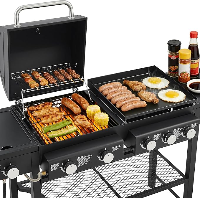 Outdoor Gas Grill with 6 Burners & Side Burner 59000 BTU Stainless Steel BBQ Grill Enamel-Coated Grates Side Tables for Backyard Patio Cooking Charcoal Grills & Smokers,A5
