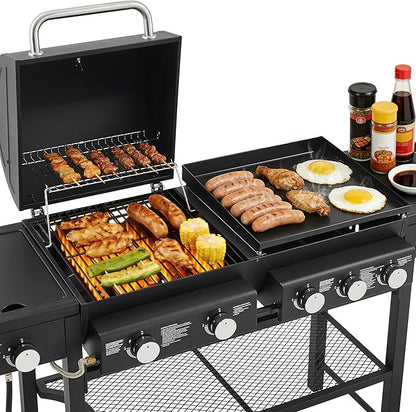 Outdoor Gas Grill with 6 Burners & Side Burner 59000 BTU Stainless Steel BBQ Grill Enamel-Coated Grates Side Tables for Backyard Patio Cooking Charcoal Grills & Smokers,A5