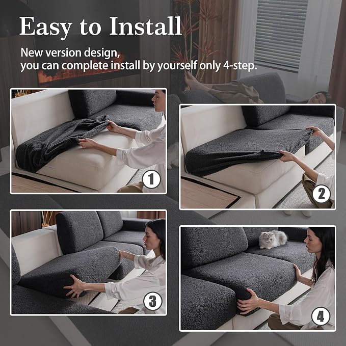 OHSIO Couch Cushion Covers for Sectional Sofa, Stretch Soft Sofa Slipcovers Washable Wear-Resistant Universal Furniture Protector for Living Room(3 Seaters Covers, Dark Gray)