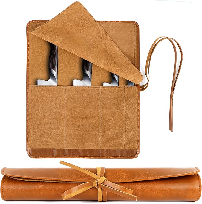ELIZO Leather Knife Roll Bag Professional Chef Knife Case, Durable Knife Sheath Holder, Cooks & Culinary Tools Carrying Storage, Portable Knife Wrap - 4 Slots