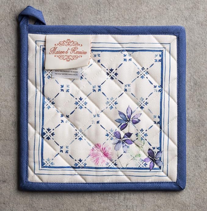 Maison d' Hermine Pot Holders 100% Cotton Heat Resistant Potholders 8" x 8" Hot Pads with Loop BBQ Cooking Baking Hotel Farmhouse Kitchen Handling Hot Pans Spring Summer (Pack of 1, Faience)
