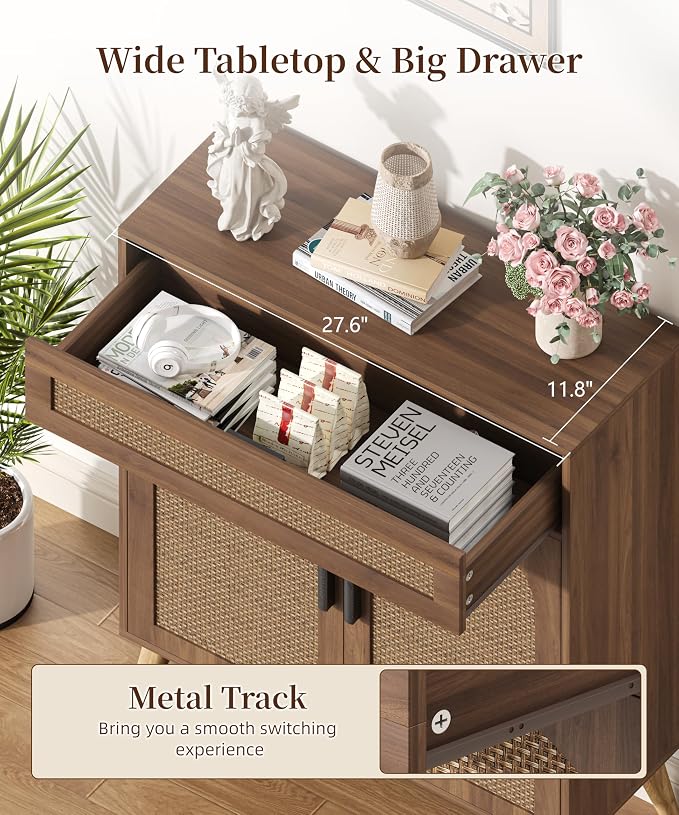 Keehusux Rattan Storage Cabinet with Drawer and 2 Doors, Walnut | Accent Sideboard Buffet Cabinet with Adjustable Shelf & Solid Wood Feets, Coffee Bar for Kitchen, Living Room, Entryway