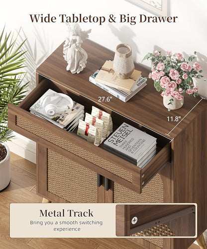 Keehusux Rattan Storage Cabinet with Drawer and 2 Doors, Walnut | Accent Sideboard Buffet Cabinet with Adjustable Shelf & Solid Wood Feets, Coffee Bar for Kitchen, Living Room, Entryway