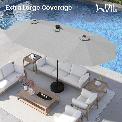 PHI VILLA 13ft Patio Umbrella w/ 120 PCS Color Changing Solar Lights, Grey | Outdoor Triple-Head Large Rectangle/Rectangular Solar-powered Market Table Umbrellas, w/ Crank Lift, for Poolside(No base)