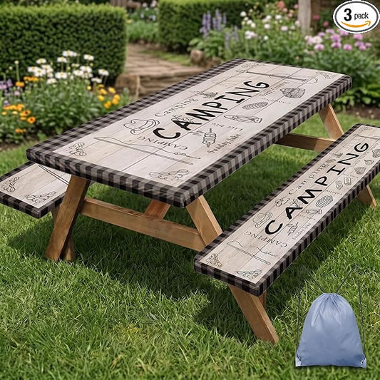Picnic Table Cover with Bench Covers Elastic Edges, Blue Camper Fitted Table Cover, Outdoor Patio Camping Essentials 72 Inch 3PCS, Waterproof Camping Fitted Tablecloth with Drawstring Bag