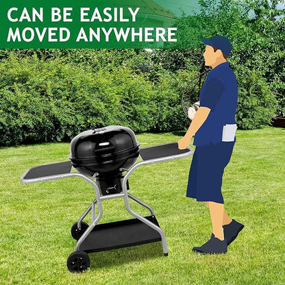 Kettle Charcoal Grill with 2 Side Tables, Storage Shelf, Upgraded Ash Catcher, Thermometer, Air Vents, Outdoor Cooking Barbecue Grill with Wheels