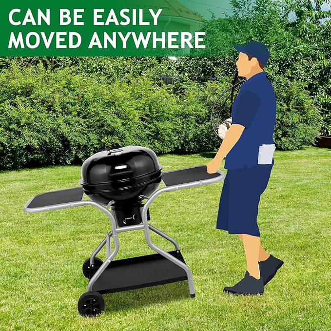 12.5 inch Kettle Charcoal Grill with 2 Side Tables, Storage Shelf, Upgraded Ash Catcher, Thermometer, Air Vents, Outdoor Cooking Barbecue Grill with Wheels