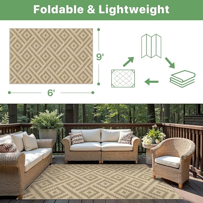 GENIMO Outdoor Rug, Waterproof Plastic Rugs for Patio, 6'x9' Oat Beige | Outside Larger Modern Carpet Mat for Porch Decor, Deck, Balcony, Camping, RV, Backyard, Picnic, Beach, Reversible, Foldable