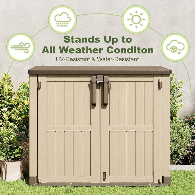 36 Cu Ft Resin Outdoor Storage Shed, Weatherproof Horizontal Outdoor Storage Cabinet with Dual Lock Door for Backyard, Patio, Garage, Garden(Brown-Beige)