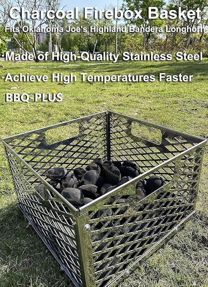 BBQ-PLUS Charcoal Firebox Basket and Smoker Door Clamps for Oklahoma Highland Bandera Longhorn,Charcoal Box,Fire Basket and Latches for Most Offset Smoker Grill,12 W x 12 D x 7.5 H,Stainless Steel