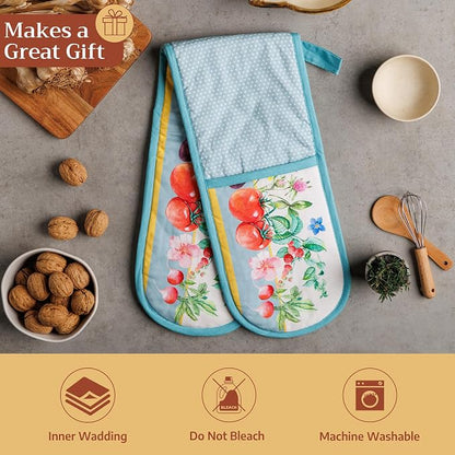Maison d' Hermine Double Oven Mitts 100% Cotton Double Oven Glove (7"x35") | Heat Resistant BBQ Cooking Gloves with Loop Baking Grilling Kitchen Hotel Home Farmhouse Spring Summer - Giverny