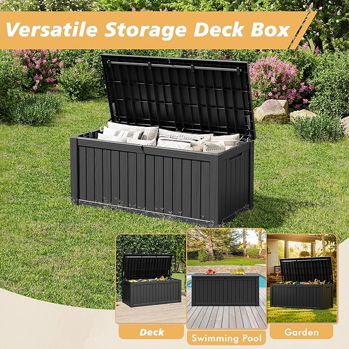 Fancyango 150 Gallon Outdoor Deck Box Waterproof, Large Storage Box for Patio, Resin Storage Bench Lockable for Garden Tools, Package Delivery, Black