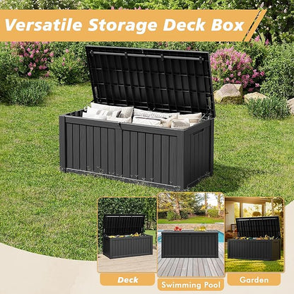 Fancyango 150 Gallon Outdoor Deck Box Waterproof, Large Storage Box for Patio, Resin Storage Bench Lockable for Garden Tools, Package Delivery, Black