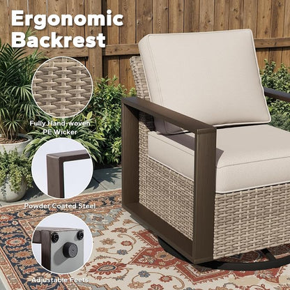 Outdoor Patio Swivel Rocker Chairs, 5 Pieces Wicker Furniture Set, 2 Swivel Rocking Chairs, 2 Ottoman and 1 Table, Metal Wide Armrest, Thick Cushions and Deep Seating for Garden, Backyard, Porch, Deck