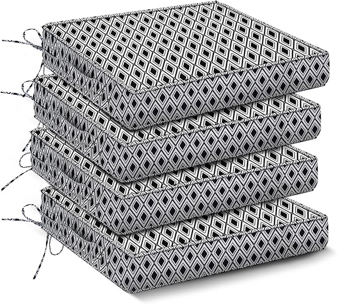 IPYNBAP Outdoor Chair Cushions Set of 4 -Waterproof Outdoor Seat Cushions for Patio Furniture, Patio Chair Cushion with Handle and Ties, Out Door Chair Pads,18.5x16x3-Square, Black Geometry