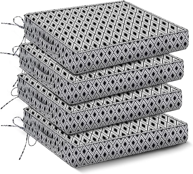 IPYNBAP Outdoor Chair Cushions Set of 4 -Waterproof Outdoor Seat Cushions for Patio Furniture, Patio Chair Cushion with Handle and Ties, Out Door Chair Pads,19x19x3-Square, Black Geometry