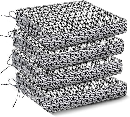 IPYNBAP Outdoor Chair Cushions Set of 4 -Waterproof Outdoor Seat Cushions for Patio Furniture, Patio Chair Cushion with Handle and Ties, Out Door Chair Pads,19x19x3-Square, Black Geometry