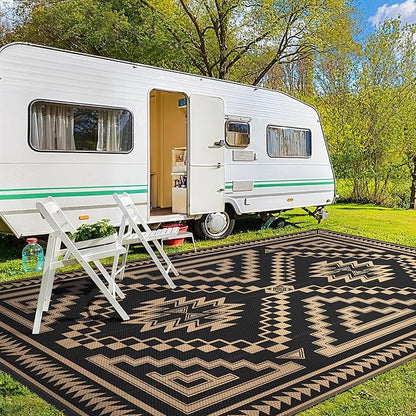 GENIMO Outdoor Rug, Waterproof Plastic Rugs for Patio, 10'x14' Dark Brown | Outside Larger Modern Carpet Mat for Patio Decor, RV, Porch, Camper, Deck, Picnic, Beach, Backyard, Reversible, Foldable