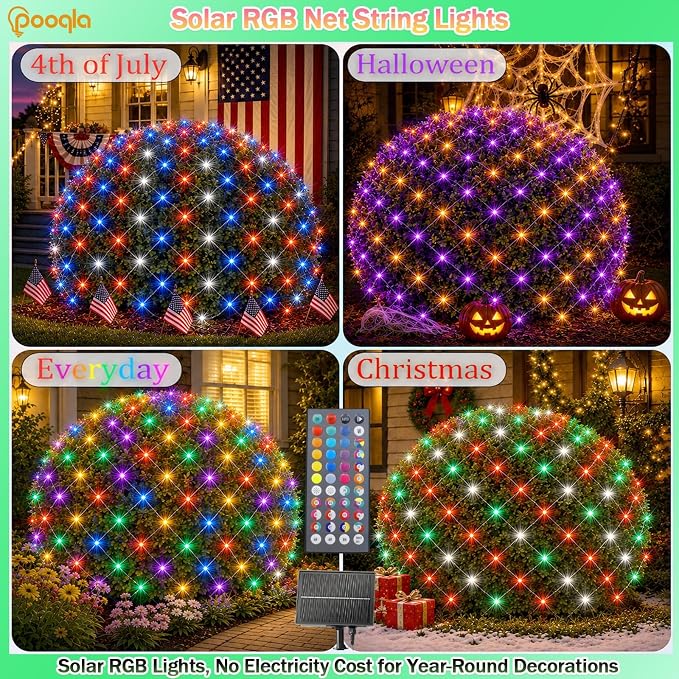34 Colors Changing Net Lights Outdoor Solar & USB Powered, 6.5x6.5ft | RGB Solar Net Lights with Remote, 120LED Christmas Net String Lights Waterproof Green Wire Bush Lights for Backyard Patio