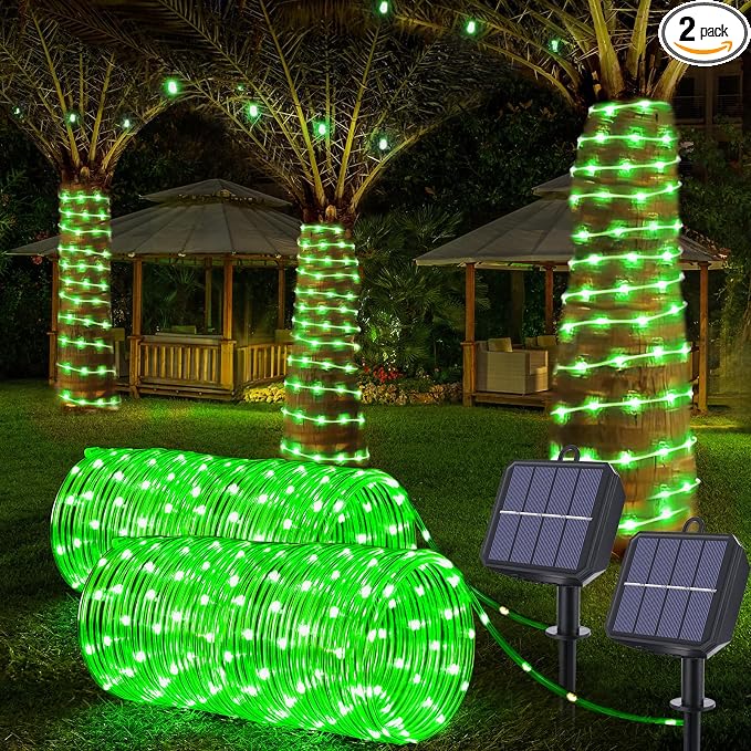 Solar Rope Lights, 2 Packs Total 132ft 400LED Solar String Lights, 8 Modes Waterproof Solar Outdoor Light, Flexible Clear Trampoline Light for Garden Backyard Patio Deck Pool Tree Decor - Green
