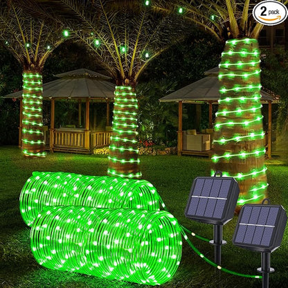 Solar Rope Lights, 2 Packs Total 132ft 400LED Solar String Lights, 8 Modes Waterproof Solar Outdoor Light, Flexible Clear Trampoline Light for Garden Backyard Patio Deck Pool Tree Decor - Green